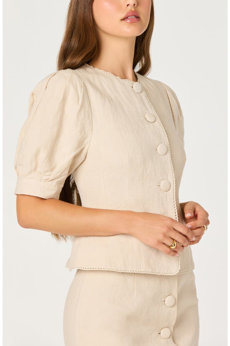 Cailey Puff Sleeve Crochet Trim Button-Up Top, Alternate, color, NATURAL