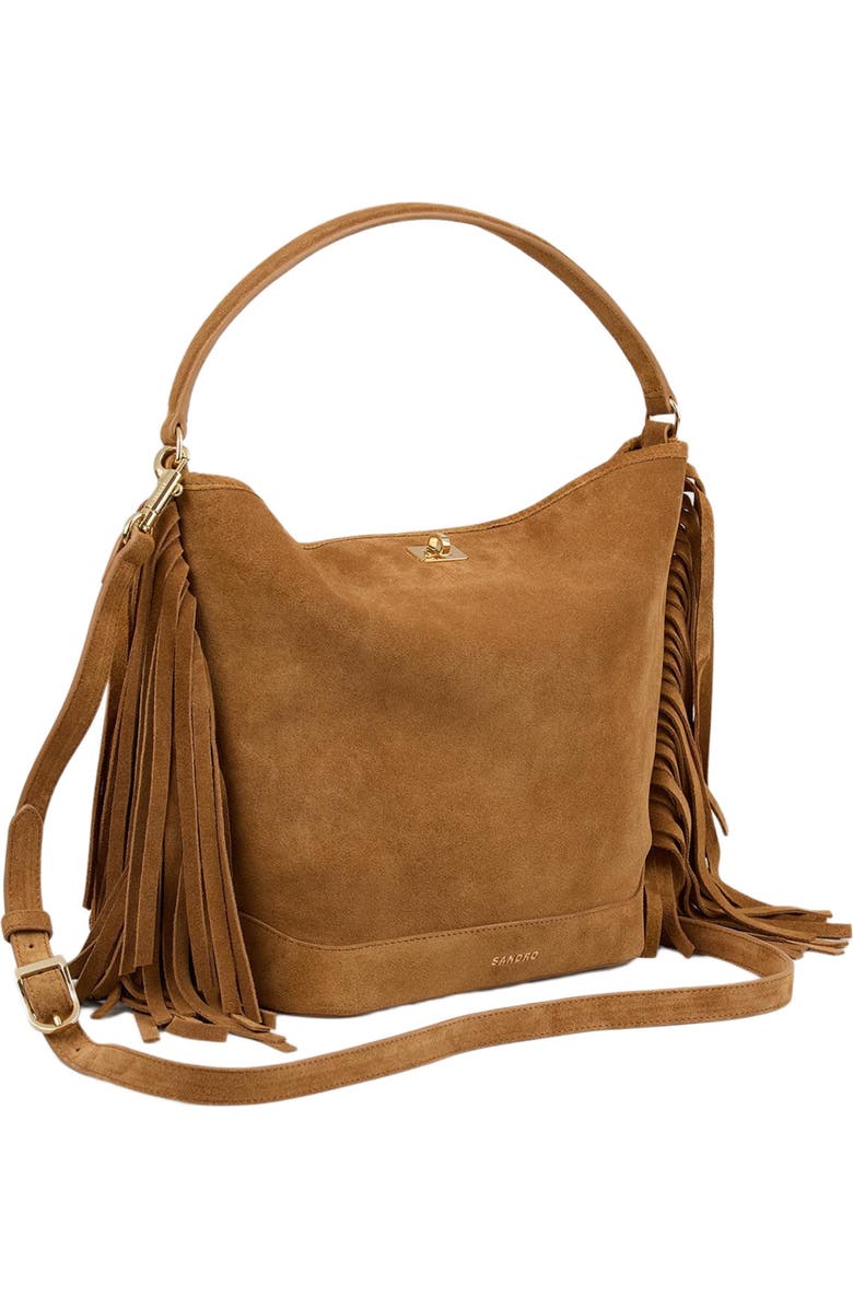 SANDRO TANGOSO fringed suede bucket bag, Alternate, color, Camel