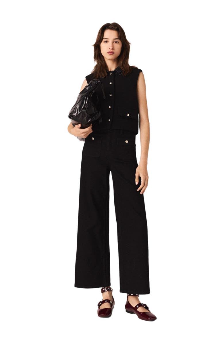 maje Tweed top with removable collar, Main, color, Black