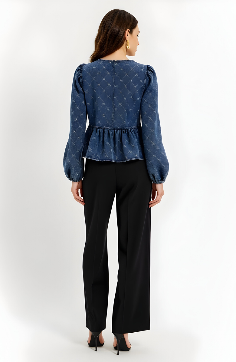 Modenaire Denim Top with Bow-Front and Puffed Sleeves, Alternate, color, Dark Blue