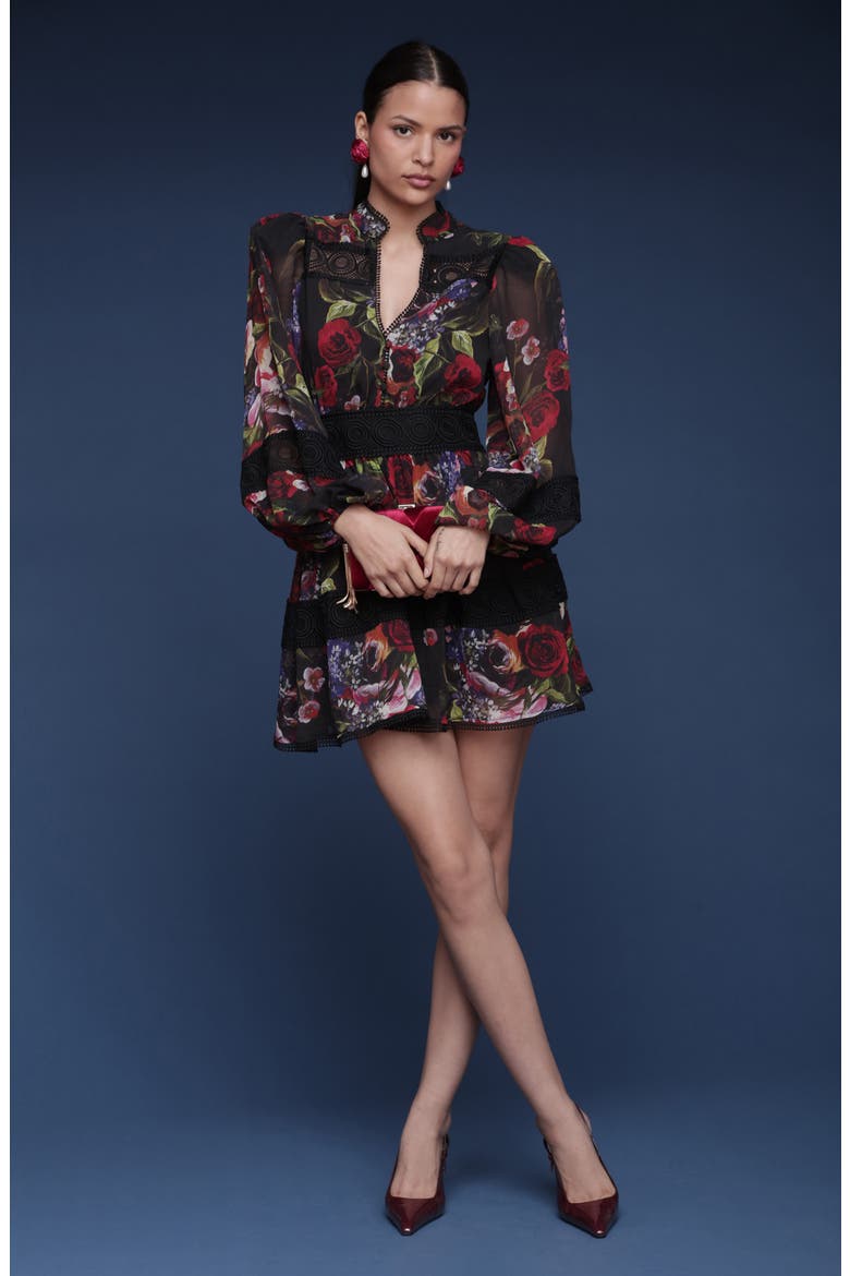 Floral Lace Detail Long Sleeve Minidress, Alternate, color, DARK PORTOFINO ROSE