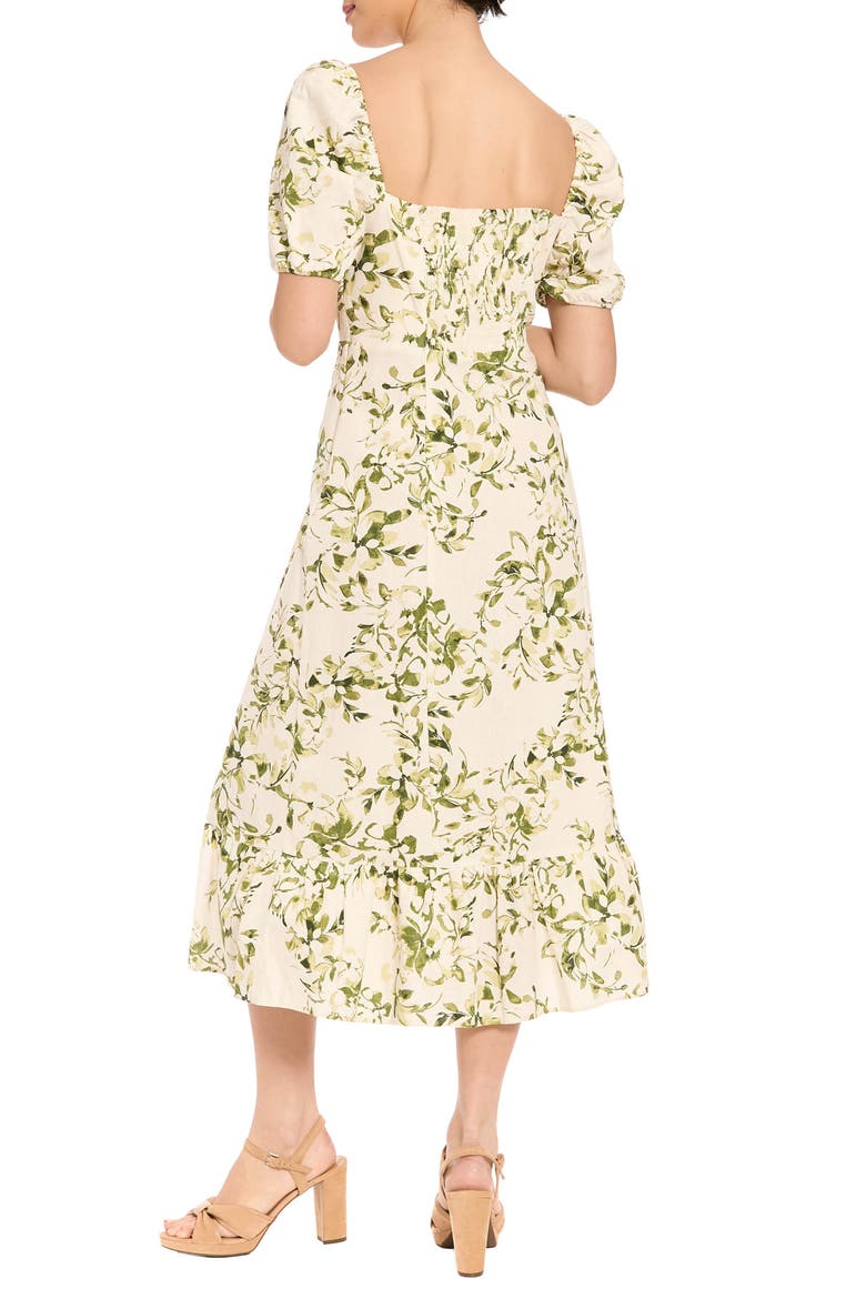 Floral Puff Sleeve Linen Blend Midi Dress, Alternate, color, IVORY/ DEEP OLIVE