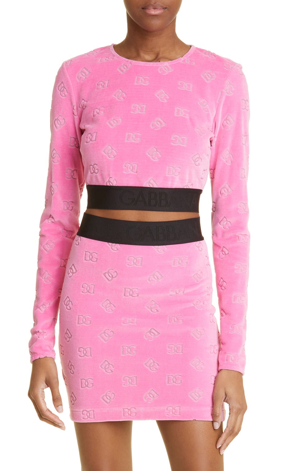 Flocked DG Monogram Long Sleeve Jersey Crop Top, color, PINK