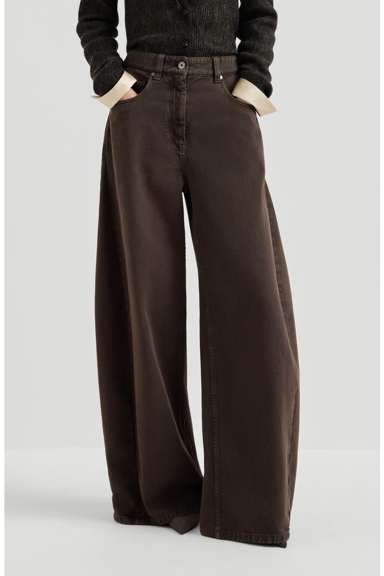 Dyed denim wide trousers with monili, Main, color, Pine Cone Brown