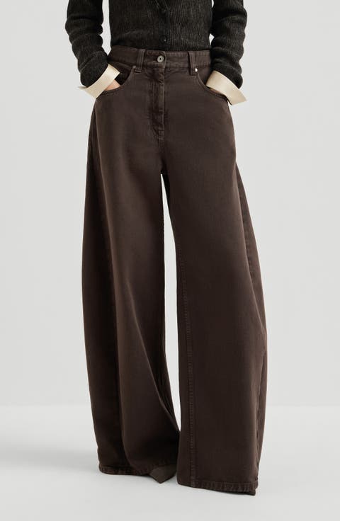 Dyed denim wide trousers with monili