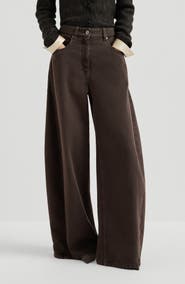 Brunello Cucinelli Dyed denim wide trousers with monili