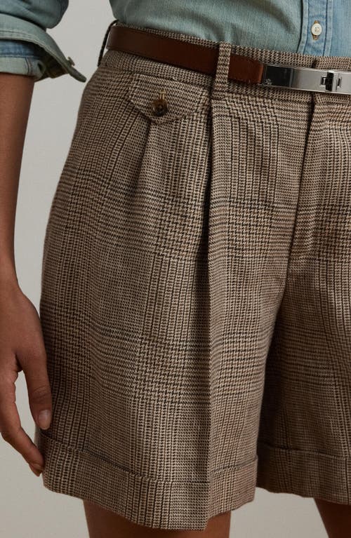 Ralph Lauren Petite Glen Check Pleated Linen Twill Shorts In Brown/tan Multi