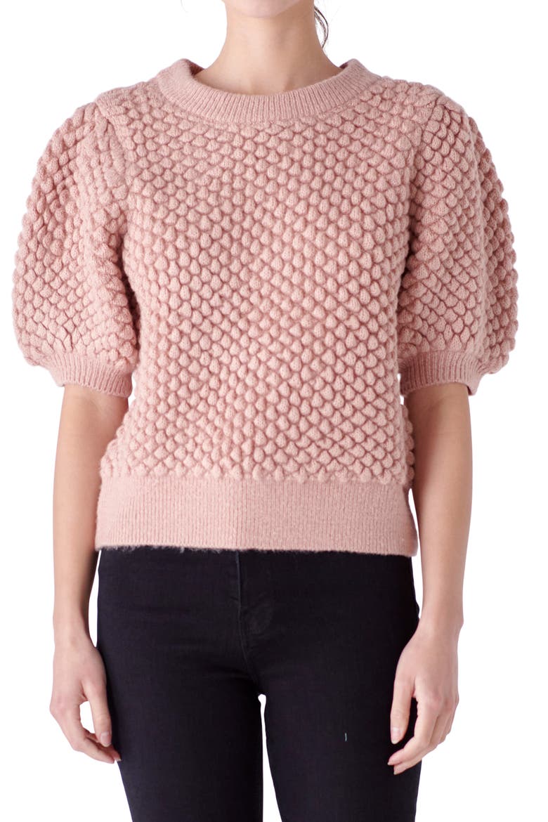Popcorn Stitch Puff Sleeve Sweater, Alternate, color, DUSTY PINK