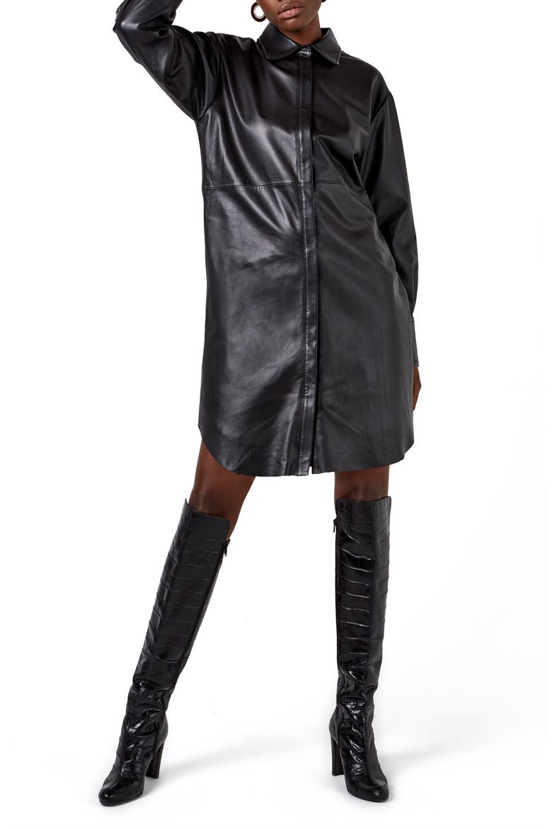 Bonsoir Recycled Leather Shirtdress, Main, color, BLACK