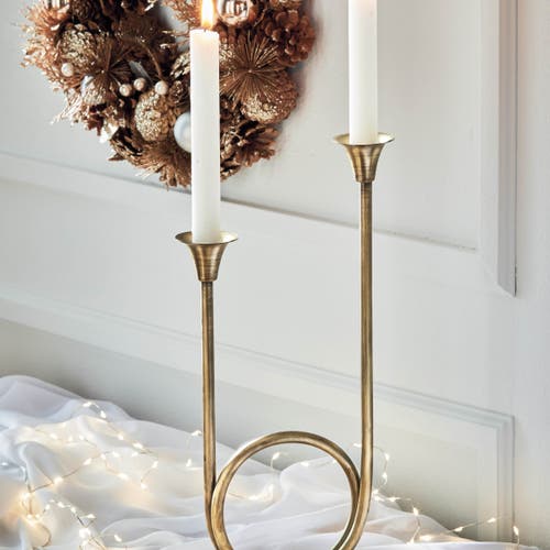 Tag Gold Iron Dual Trumpet Candle Holders For Taper Candles In Gold