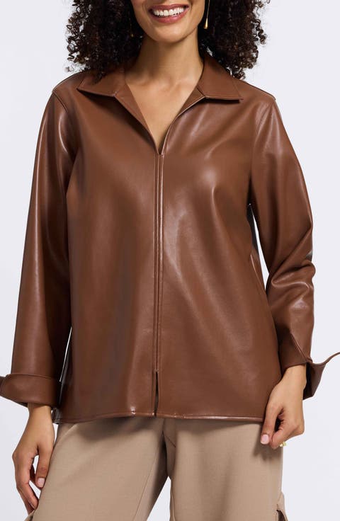 Agnes Faux Leather Long Sleeve Popover Top