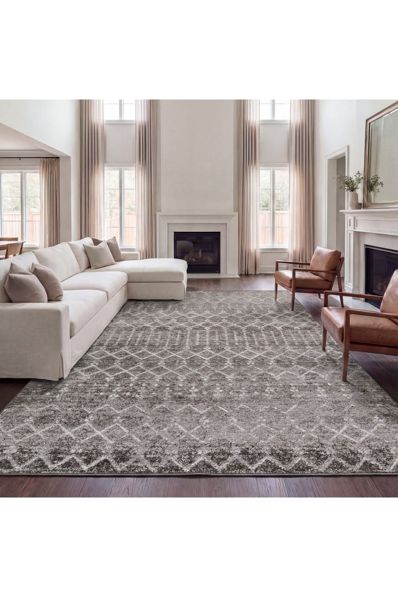Leila Moroccan Diamond Trellis Non-Slip Machine-Washable Area Rug, Alternate, color, Taupe/Ivory