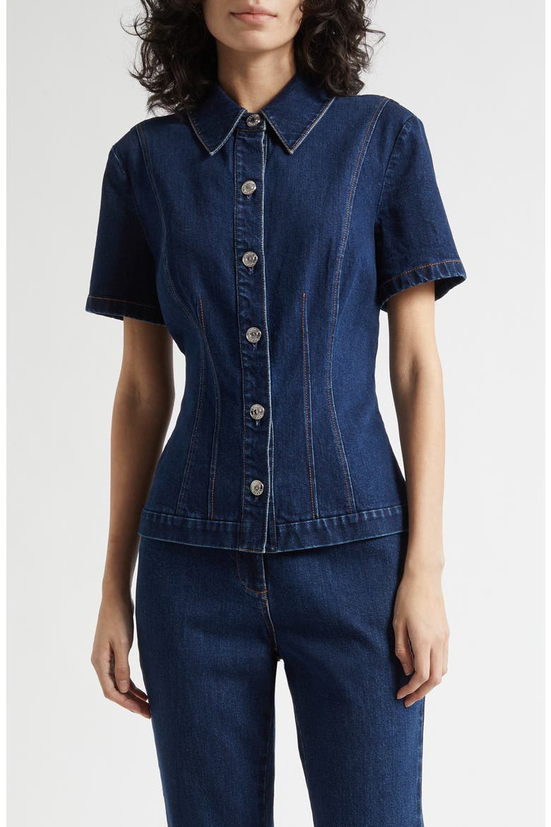 Halle Short Sleeve Denim Button-Up Shirt, Main, color, MIDWASH