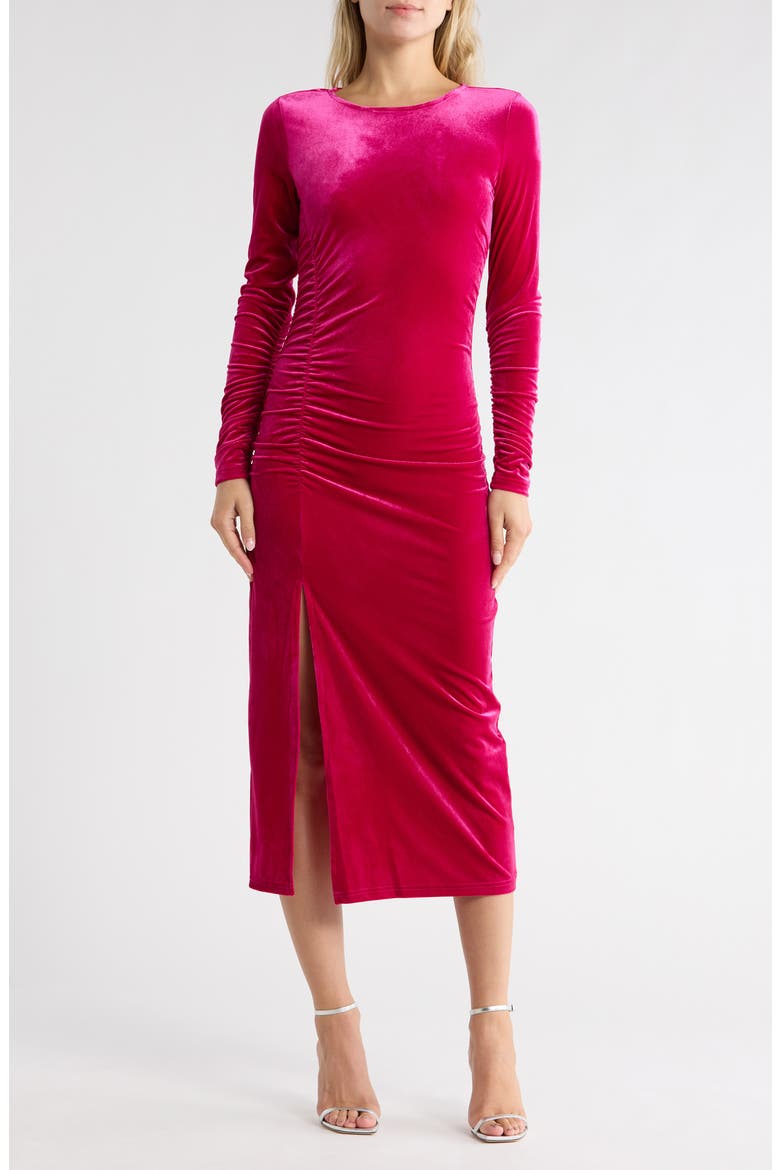 Velvet Long Sleeve Bodycon Midi Dress, Main, color, DARK PINK