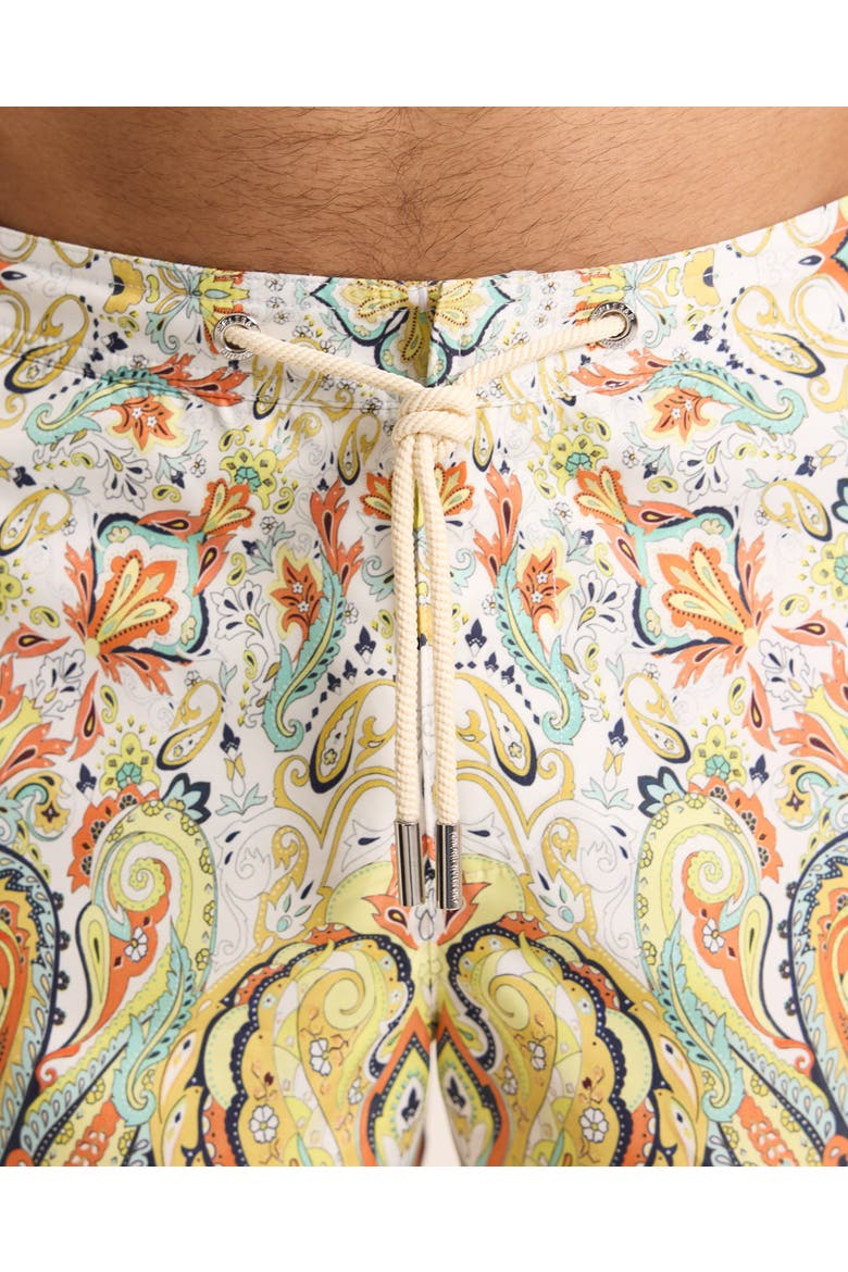 Bulldog Drawcord Mid-Length Classic Fit Drawcord Swim Shorts with Fairground Print, Alternate, color, MULTI/VERMILLION