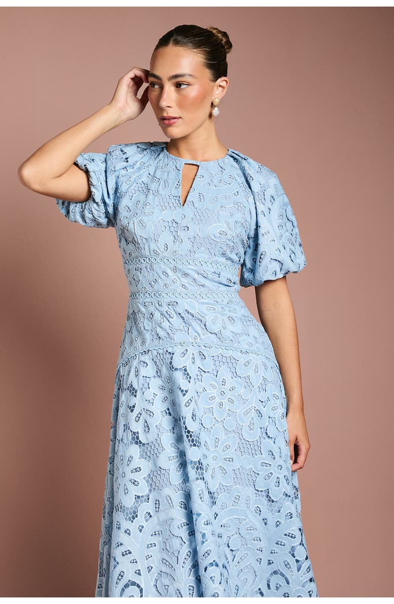 Coast Lace Hanky Hem Puff Sleeve Dress, Alternate, color, Light Blue