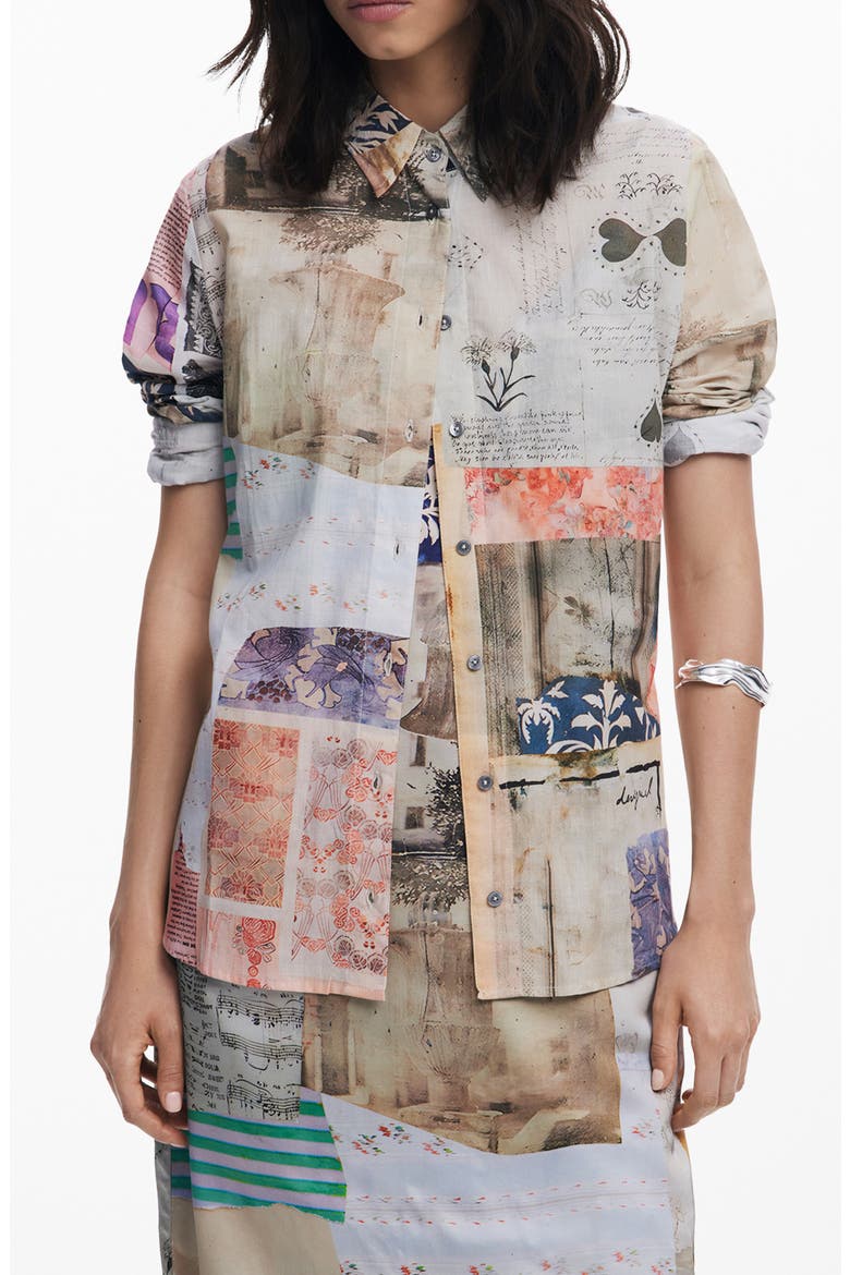 Collage Print Cotton Button-Up Shirt, Main, color, BEIGE