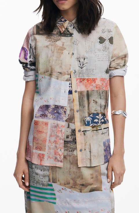 Collage Print Cotton Button-Up Shirt