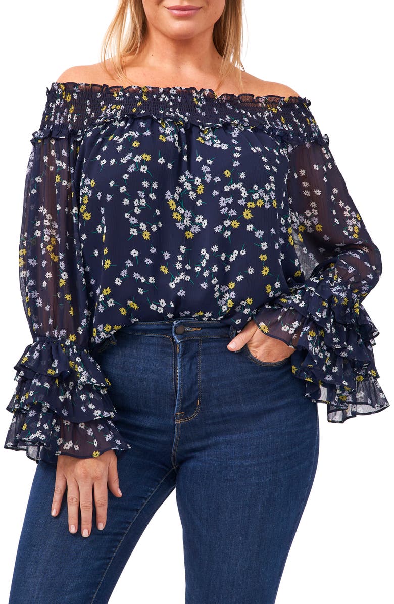 CeCe Print Off the Shoulder Chiffon Blouse, Main, color,