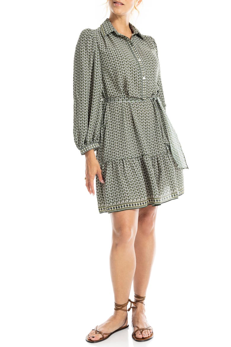 Long Sleeve Button Front Crepe Dress, Alternate, color, CYPRESS/NAVY SMALL FLUTTERS WALTZ