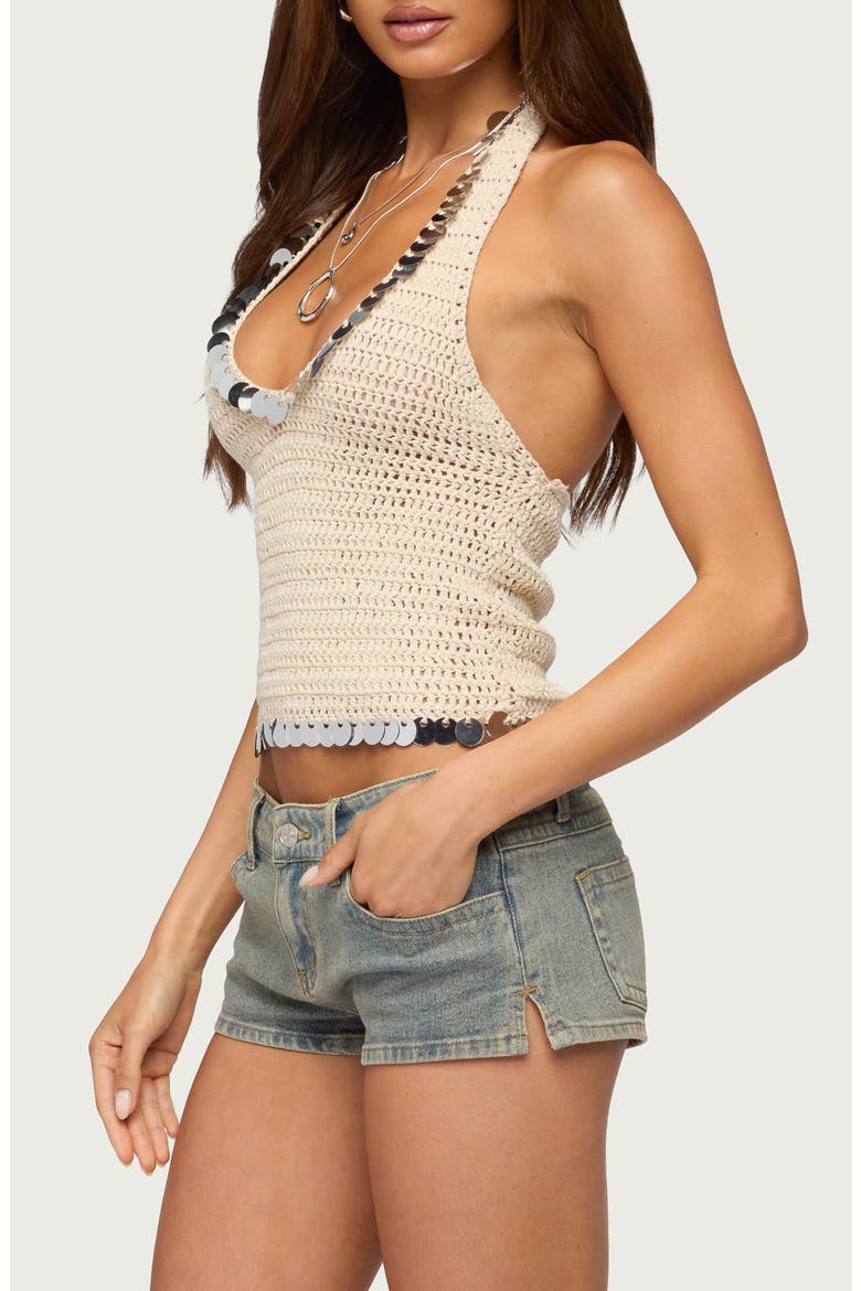 Kimiko Sequin Embellished Crochet Halter Top, Alternate, color, BEIGE