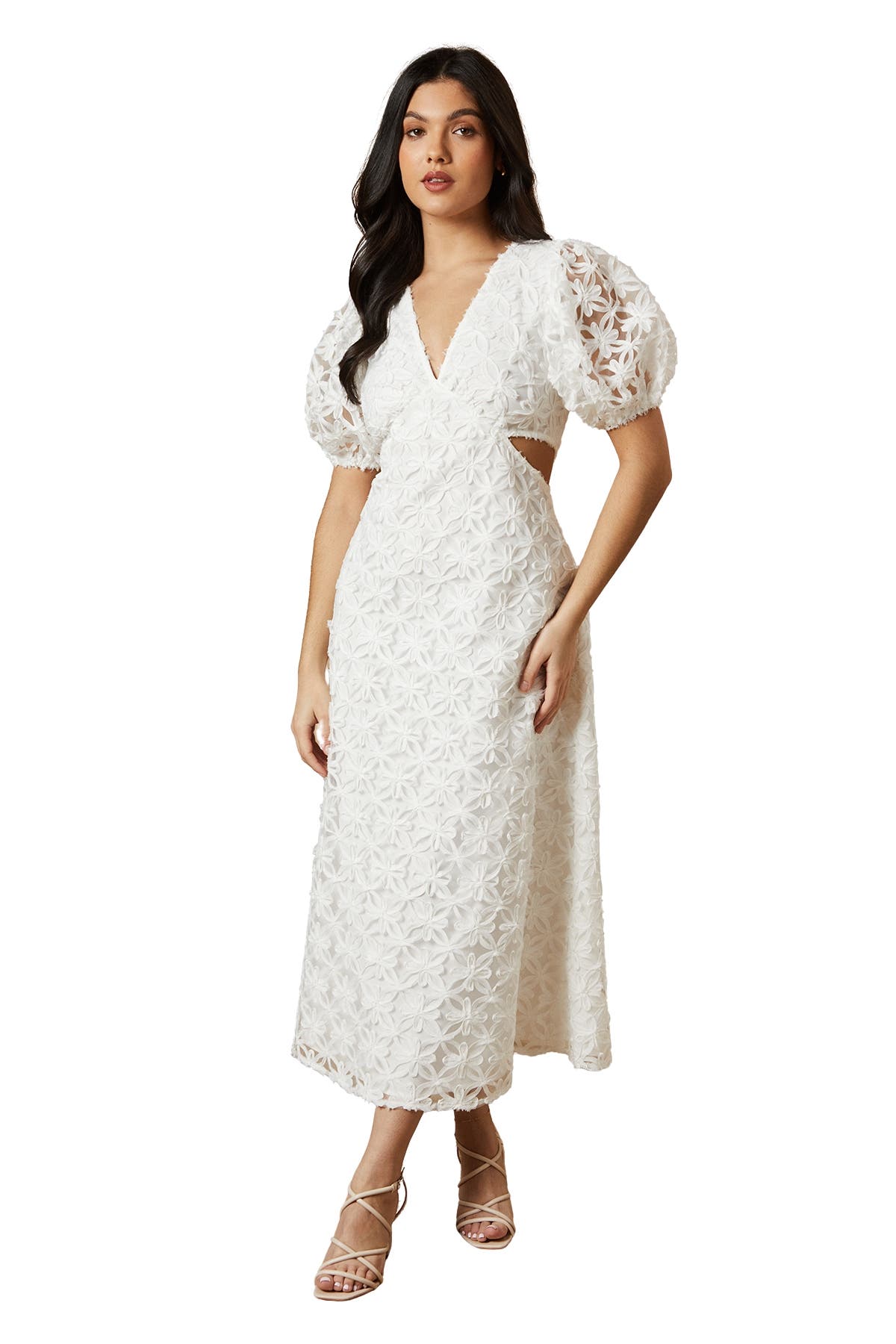 Oasis Textured Cutout Detail Midi Dress in White 