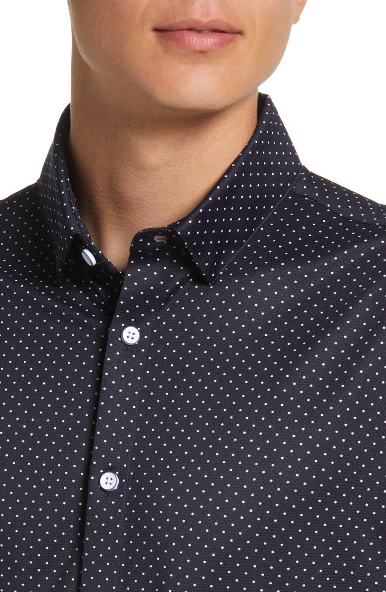Mizzen+Main Men
s Halyard Trim Fit Dot Print Short Sleeve Performance Button-Up Shirt, Alternate, color, Navy Dot Print