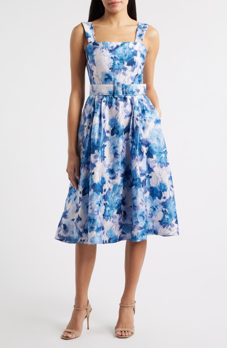 Tahari ASL Floral Crinkle Dress, Main, color, Blue Multi