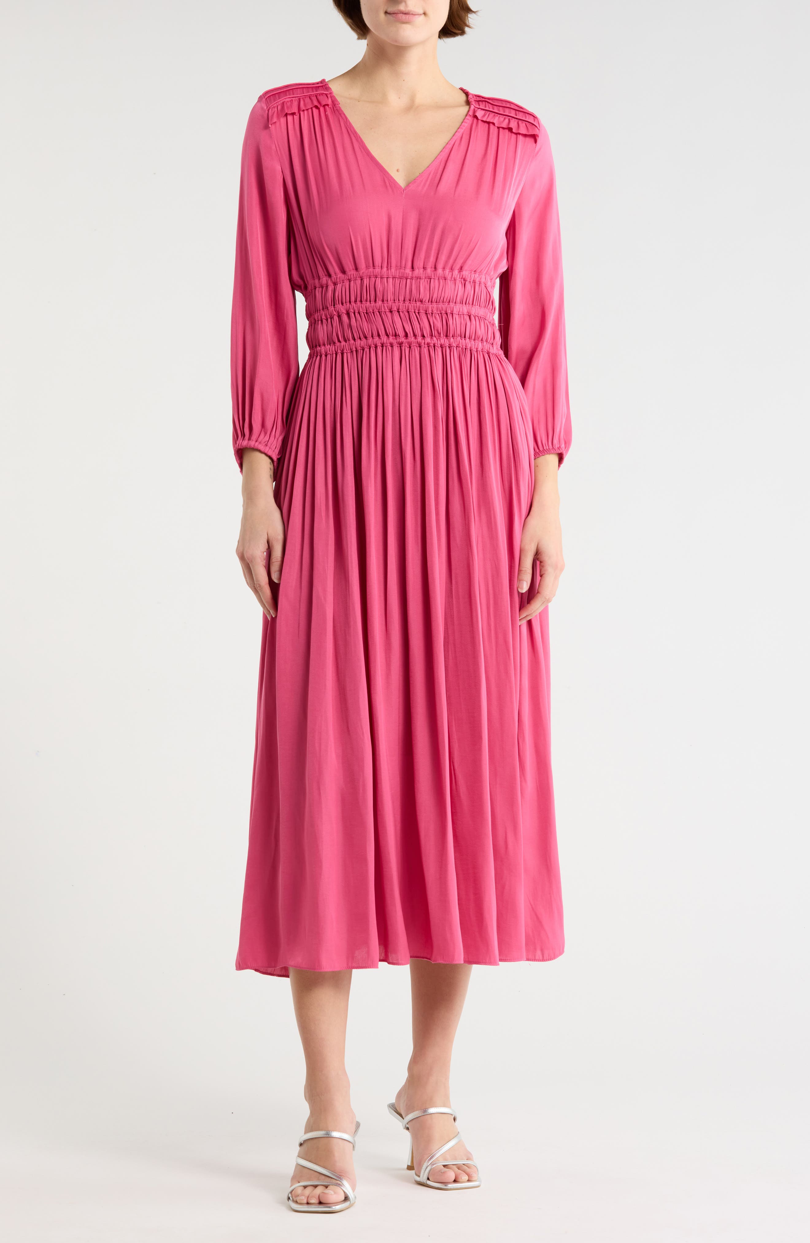 T Tahari Shirred Waist Long Sleeve Maxi Dress