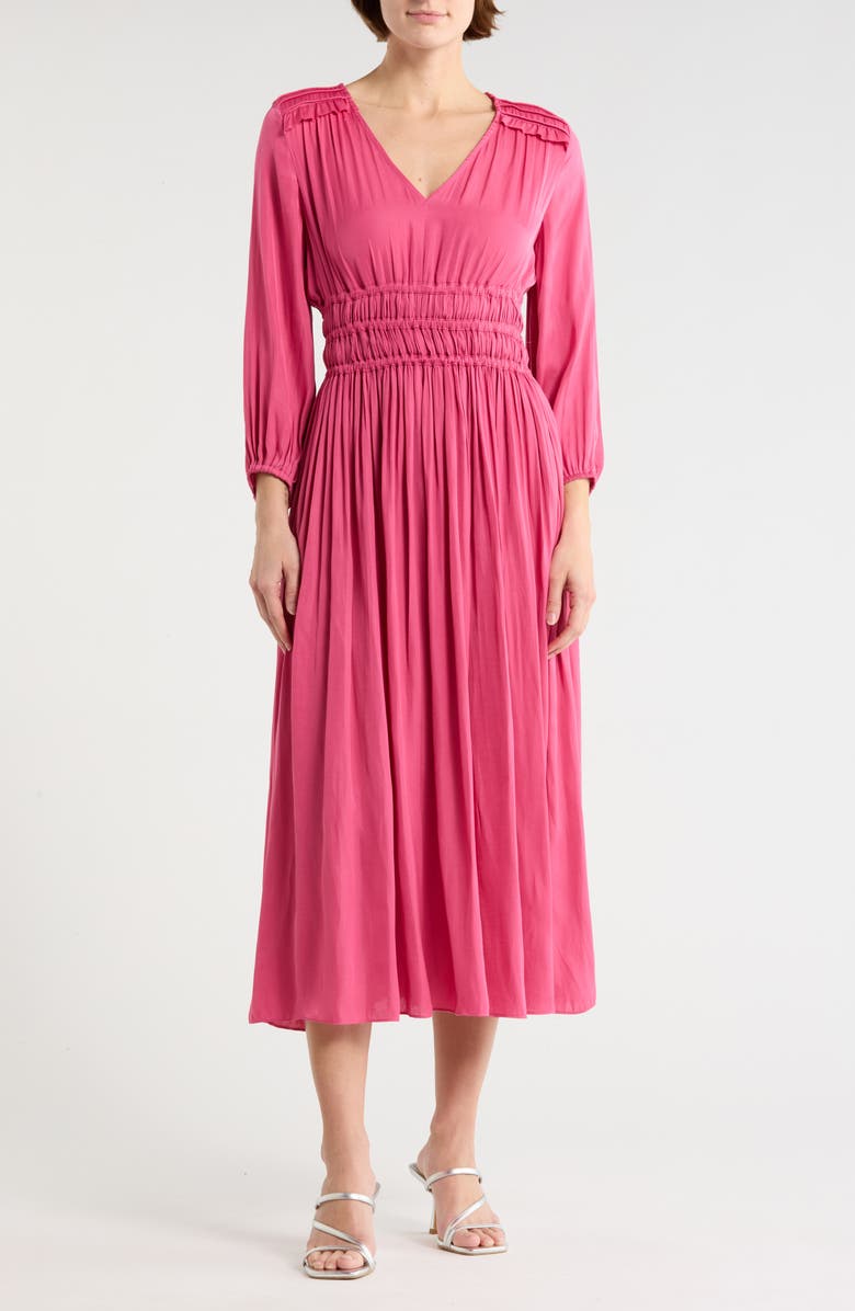T Tahari Shirred Waist Long Sleeve Maxi Dress, Main, color, Bombay Pink