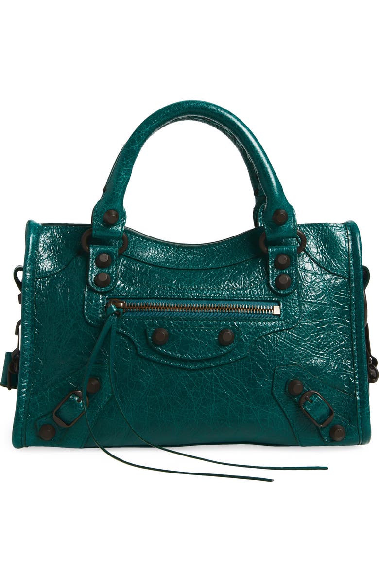 Balenciaga Mini Le City Crinkle Leather Top Handle Bag, Main, color, 3108 Dark Emerald