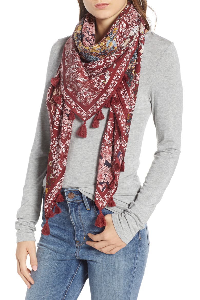 Floral Print Tassel Silk Scarf, Main, color, RED PATCHED HEIRLOOM