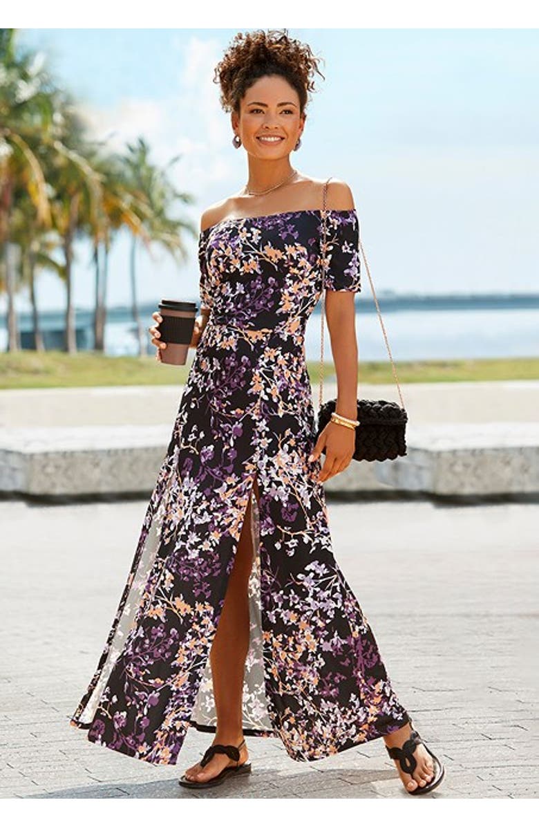 LASCANA Women's Floral Off Shoulder Maxi Dress, Alternate, color, Black Multi
