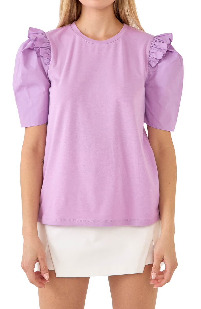 English Factory Mini Ruffle Puff Sleeve T-Shirt, Main, color, Lilac