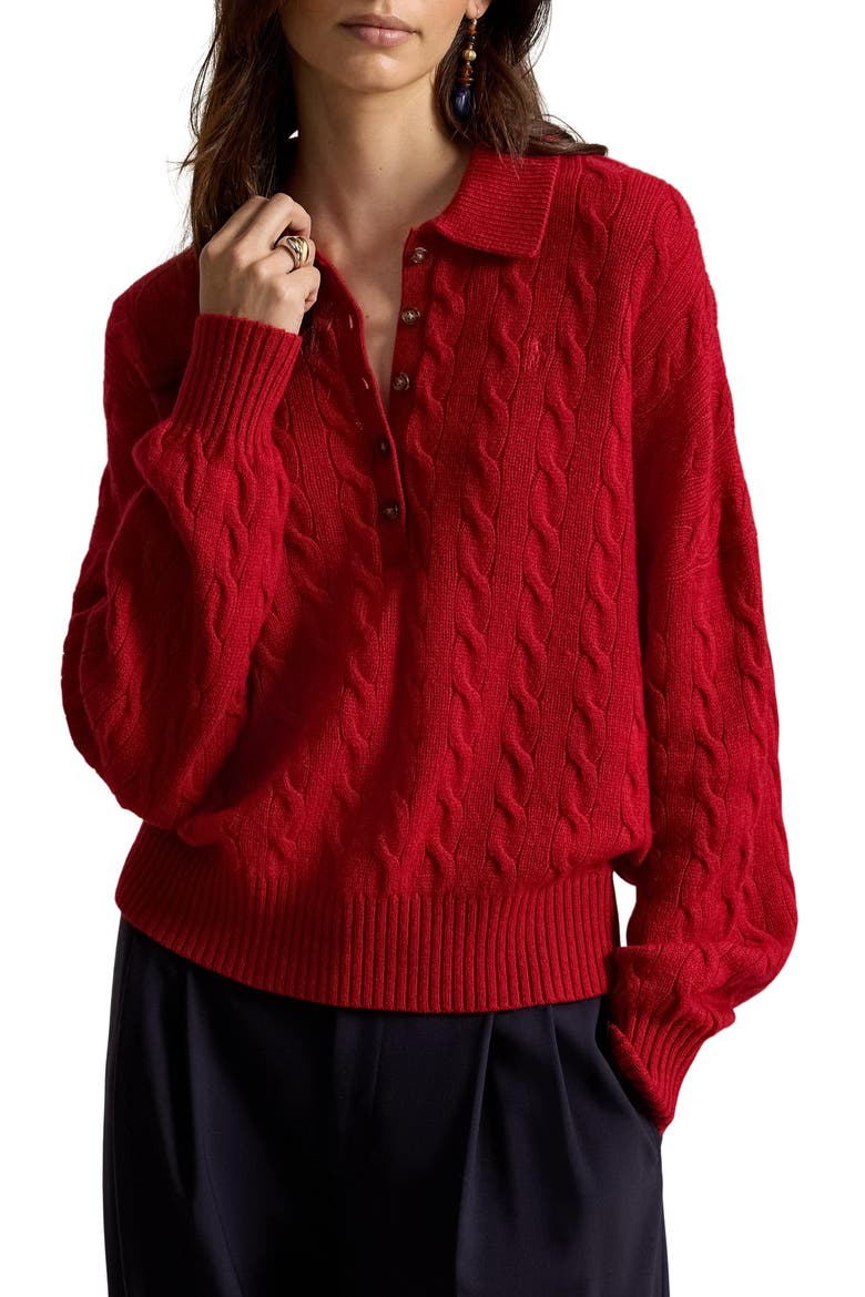 Cable Wool & Cashmere Polo Sweater, Main, color, UNVRSTY RD