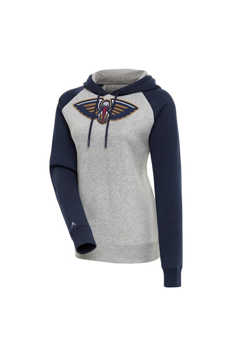 ANTIGUA Women's Antigua Heather Gray/Navy New Orleans Pelicans Victory Raglan Sleeve Pullover Hoodie, Main, color,