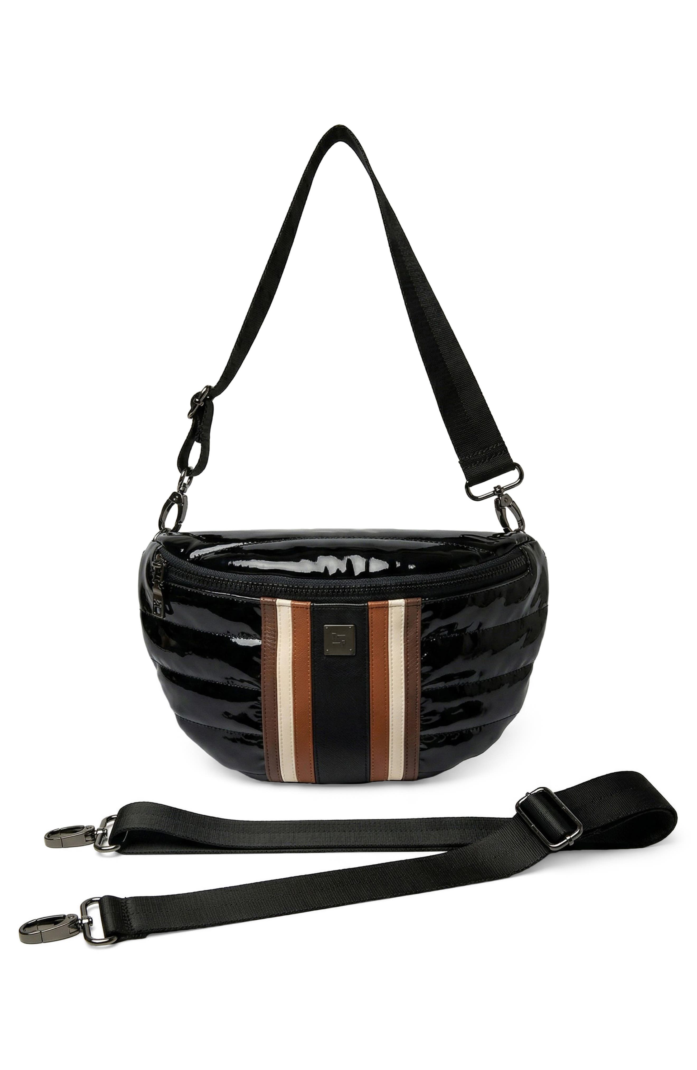 Little Runaway Belt Bag, Alternate, color, BLACK PATENT NYLON W/ STRIPE