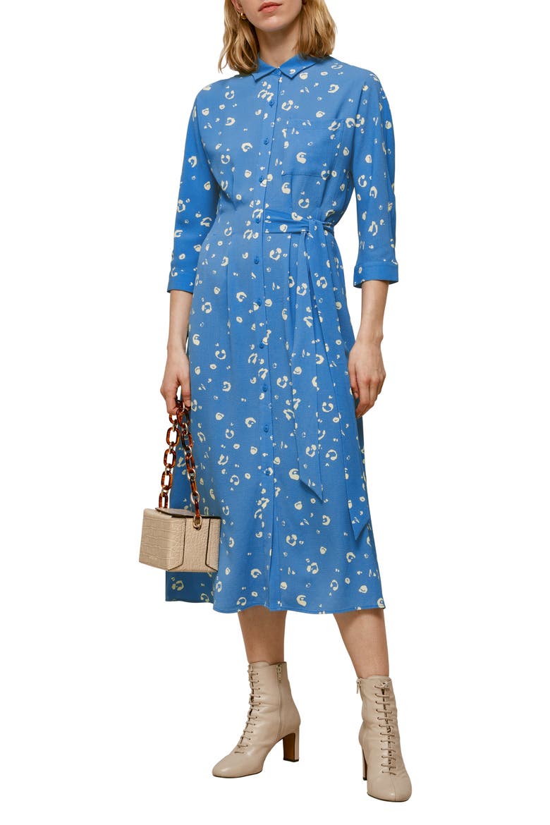 Watercolor Animal Print Waist Tie Midi Shirtdress, Main, color, BLUE / MULTI