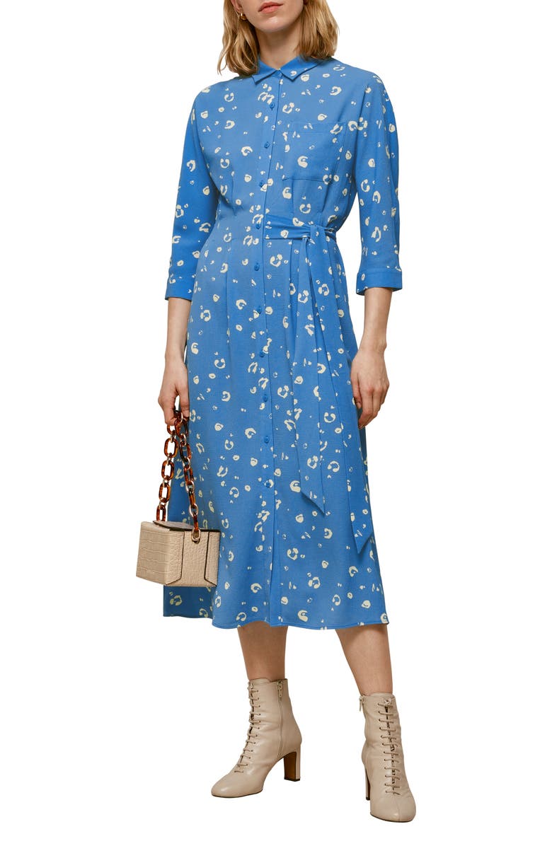 Whistles Watercolor Animal Print Waist Tie Midi Shirtdress, Main, color, 