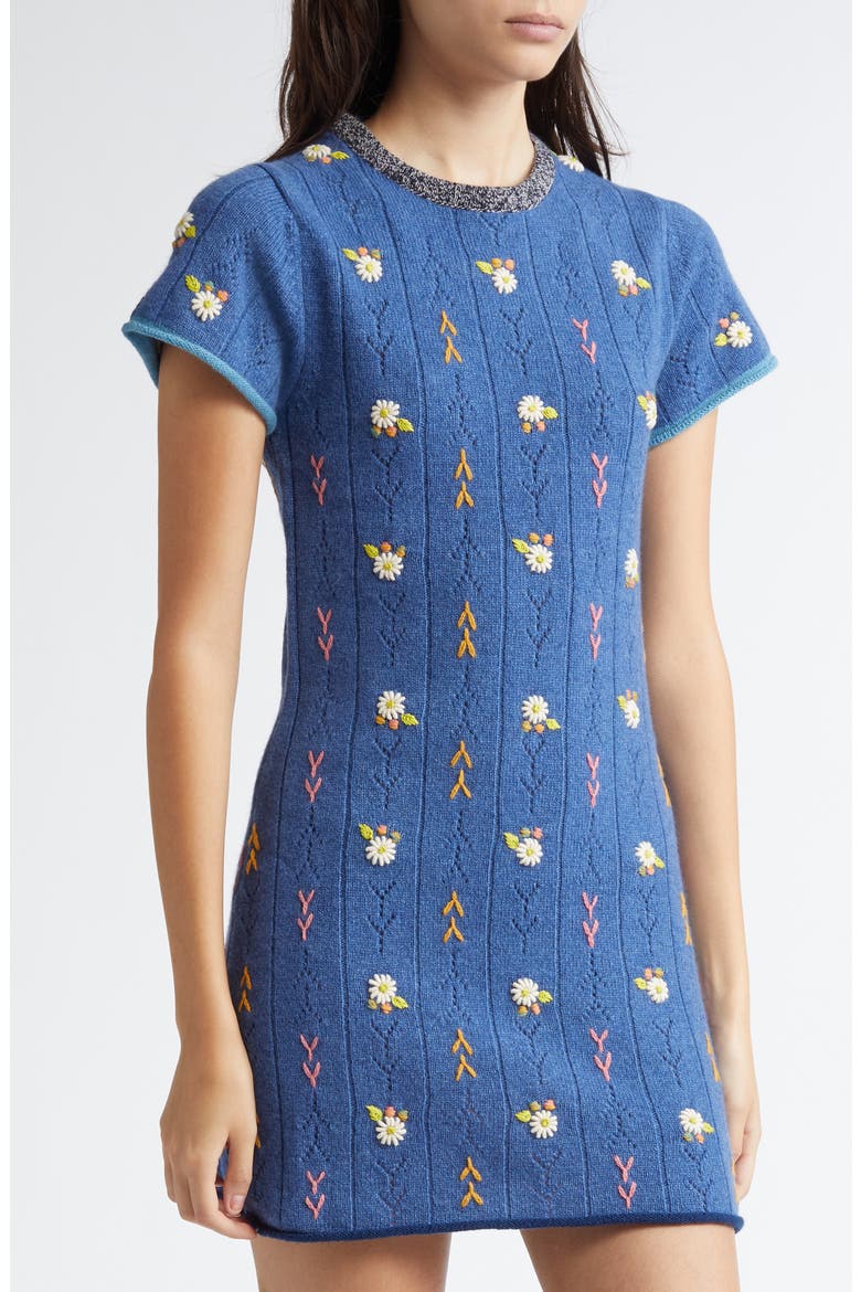 Daisy Embroidered Pointelle Knit Wool Sweater Dress, Alternate, color, DENIM DARK