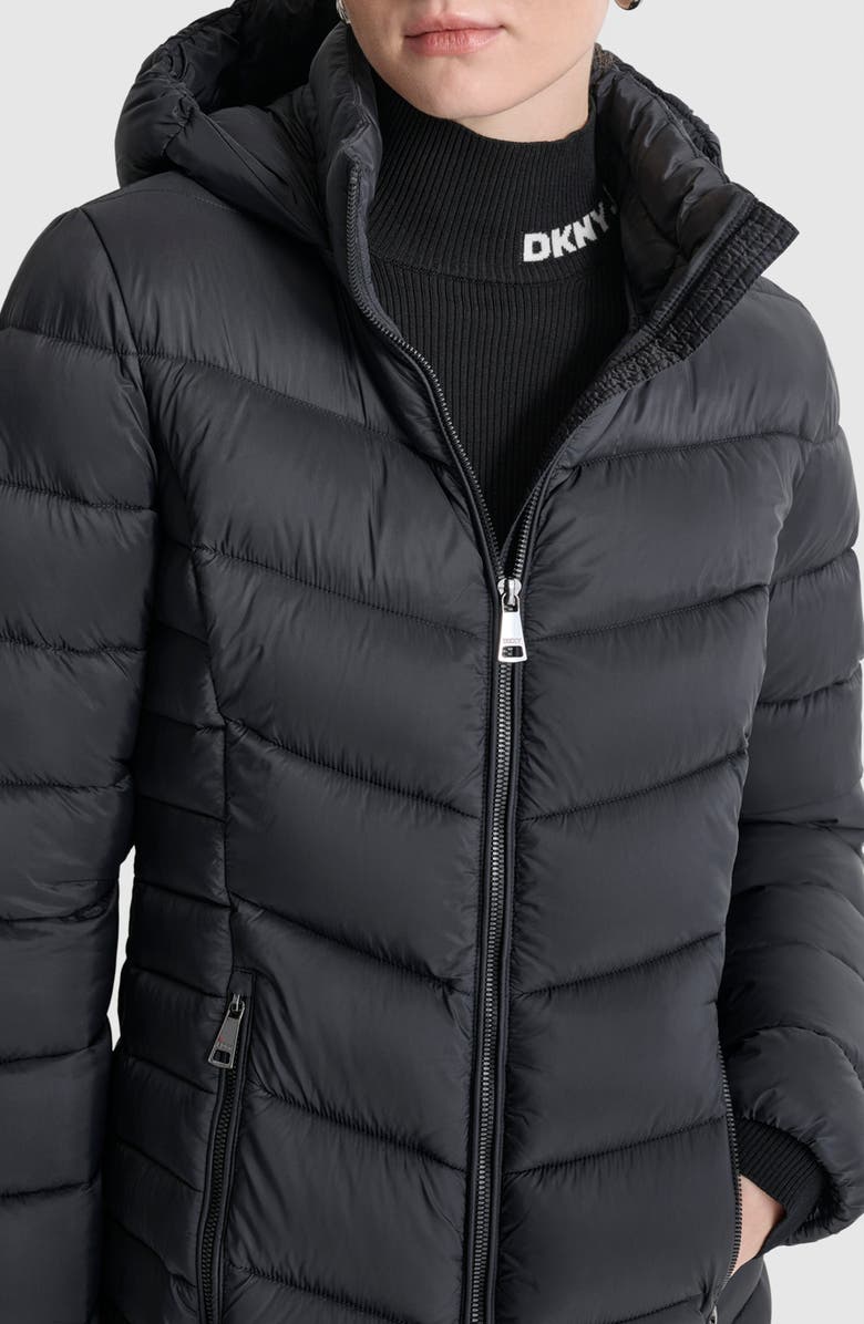 DKNY Cire Packable Hooded Longline Puffer Jacket, Alternate, color, Black