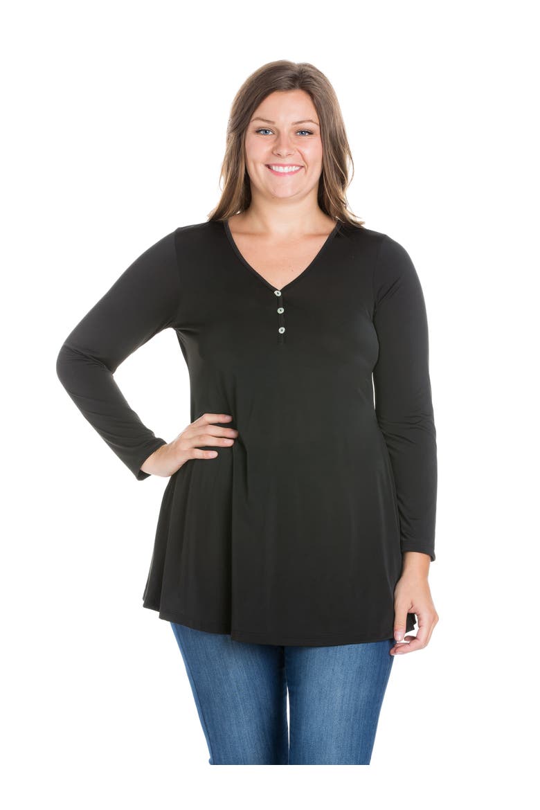 Plus Size Flared Long Sleeve  Henley Tunic Top, Main, color, Black