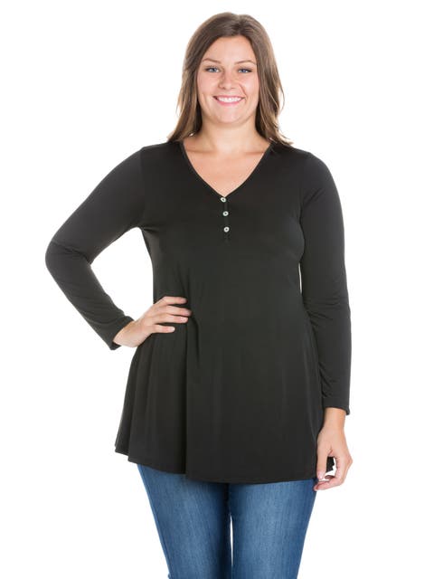 Plus Size Flared Long Sleeve  Henley Tunic Top
