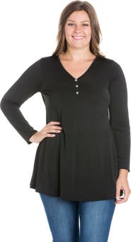 24seven Comfort Apparel Plus Size Flared Long Sleeve Henley Tunic Top