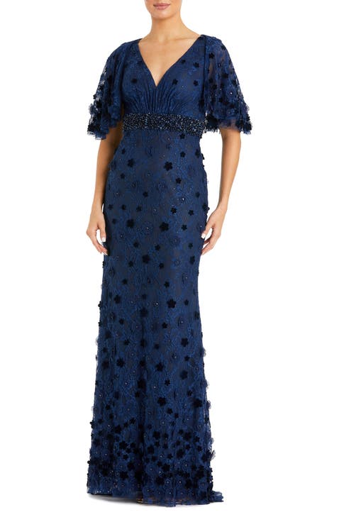 Embellished Floral Short Sleeve Gown