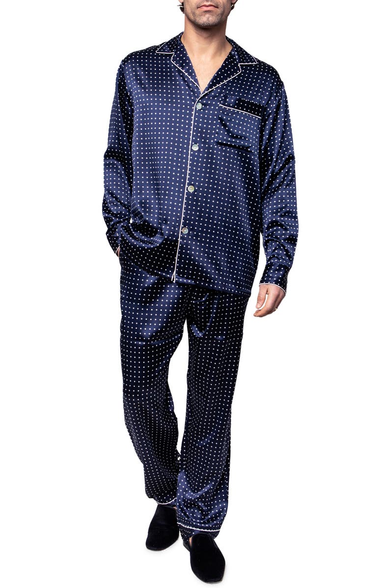 Petite Plume Navy Polka Dot Silk Pajamas, Main, color, 