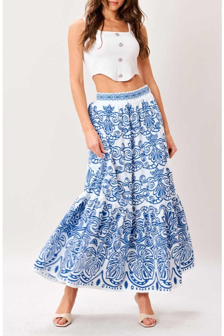 Tiered Cotton Maxi Skirt, Alternate, color, WHITE BLUE