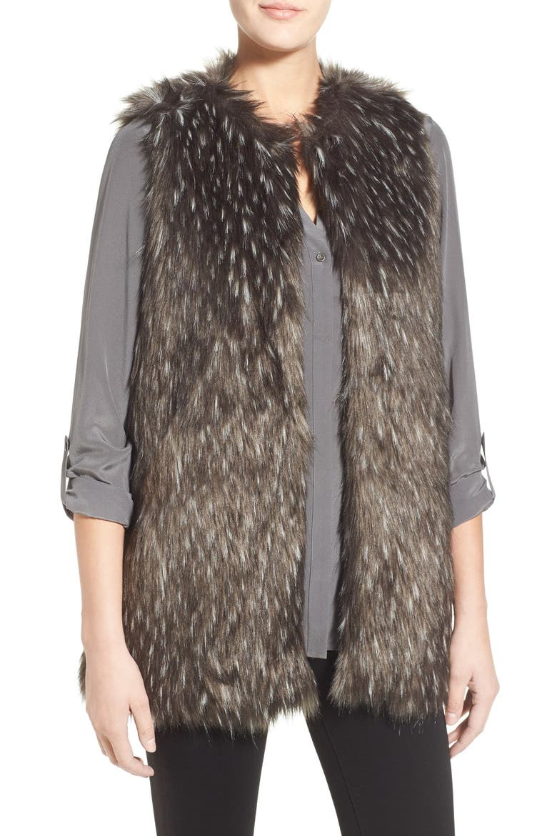 Long Faux Fur Vest, Main, color, GREY MULTI FAUX FUR