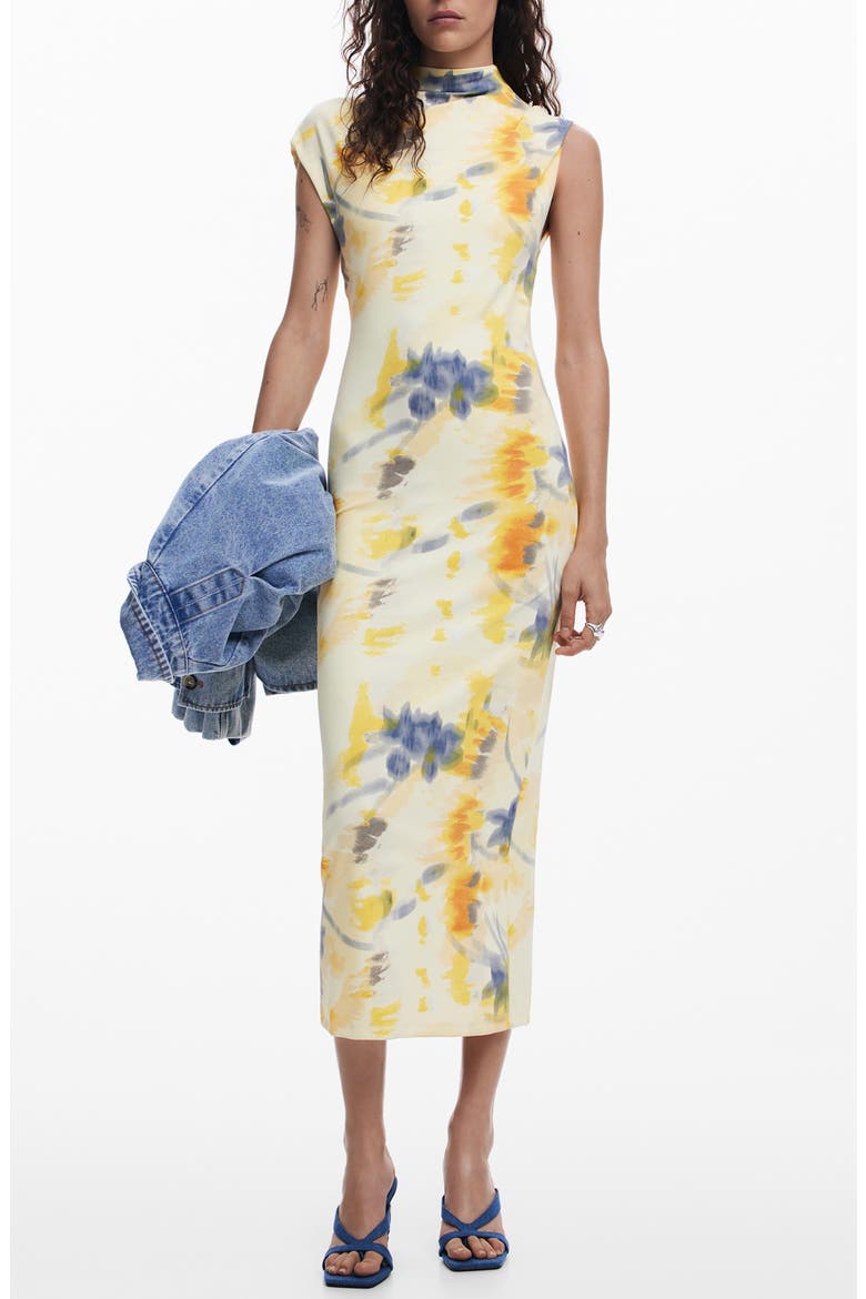 Blurred Floral Midi Dress, Main, color, YELLOW