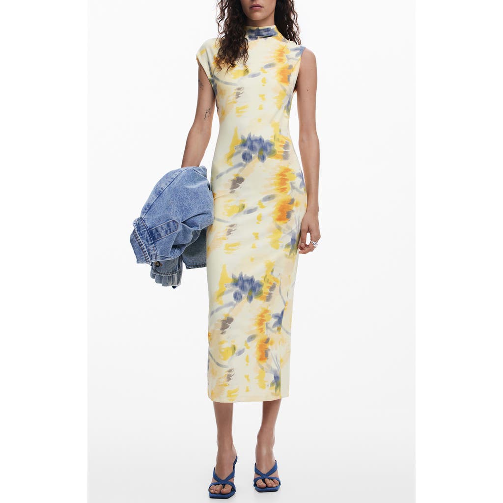 Desigual Blurred Floral Midi Dress In Yellow